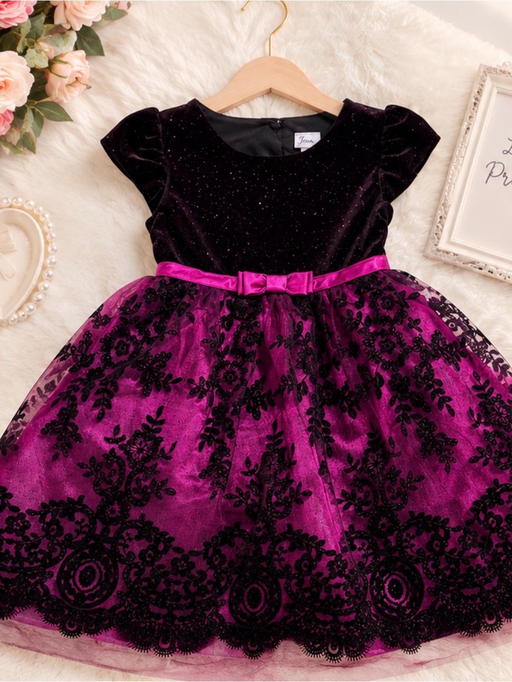 Jona Michelle Black Velvet & Fuchsia Lace Formal Dress